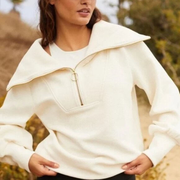 Varley Ottoman Ribbed Half Zip Pullover Sweatshirt White Cream XL EUC - Picture 1 of 1